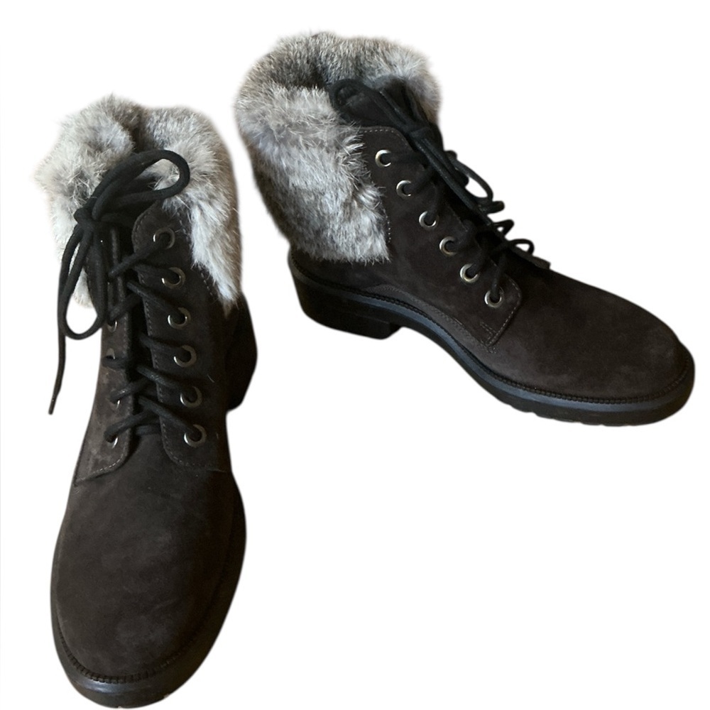 Aquatalia Lacy Suede Lace Up Combat Ankle Boots Dark Brown Rabbit Fur Trim 8.5